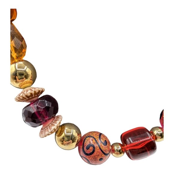 Handcrafted Beaded Necklace With Gold Amber & Red Beads - 16" Long - Picture 3 of 9